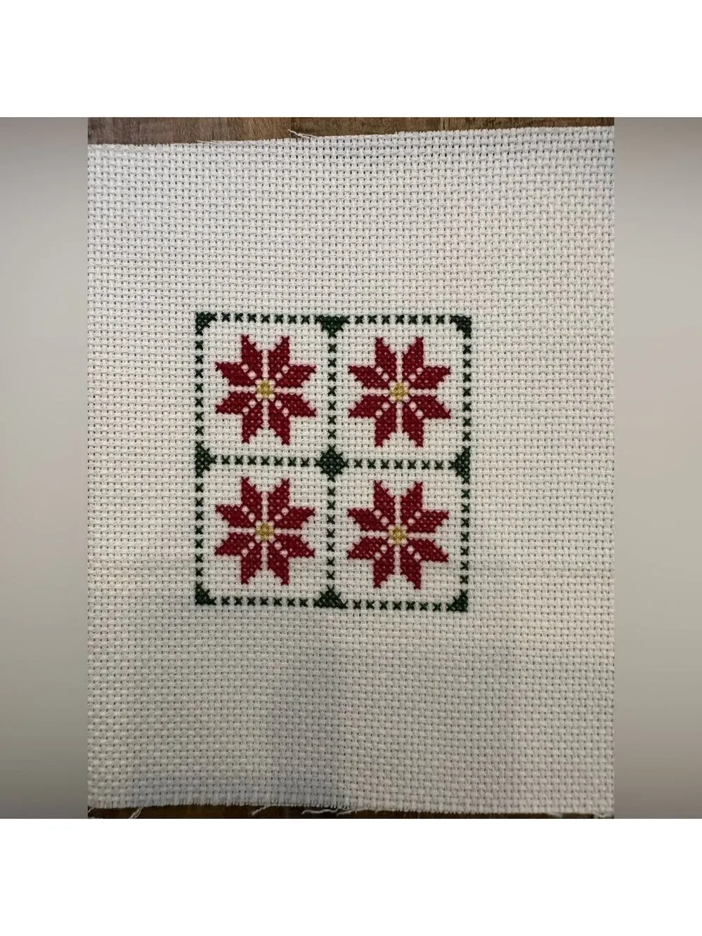 Poinsettias in a windowframe design Completed Vtg Crosstitch needlework panel